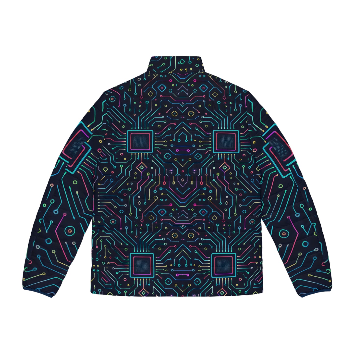 Men's Puffer Jacket - Futuristic Circuit Tech-Inspired Winter Outerwear for Engineers and Gamers