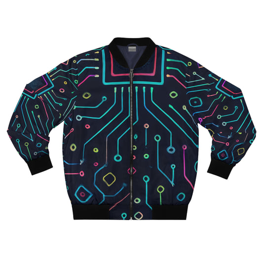 Men's Bomber Jacket - Neon Circuit Design, Tech-Inspired Streetwear for Him
