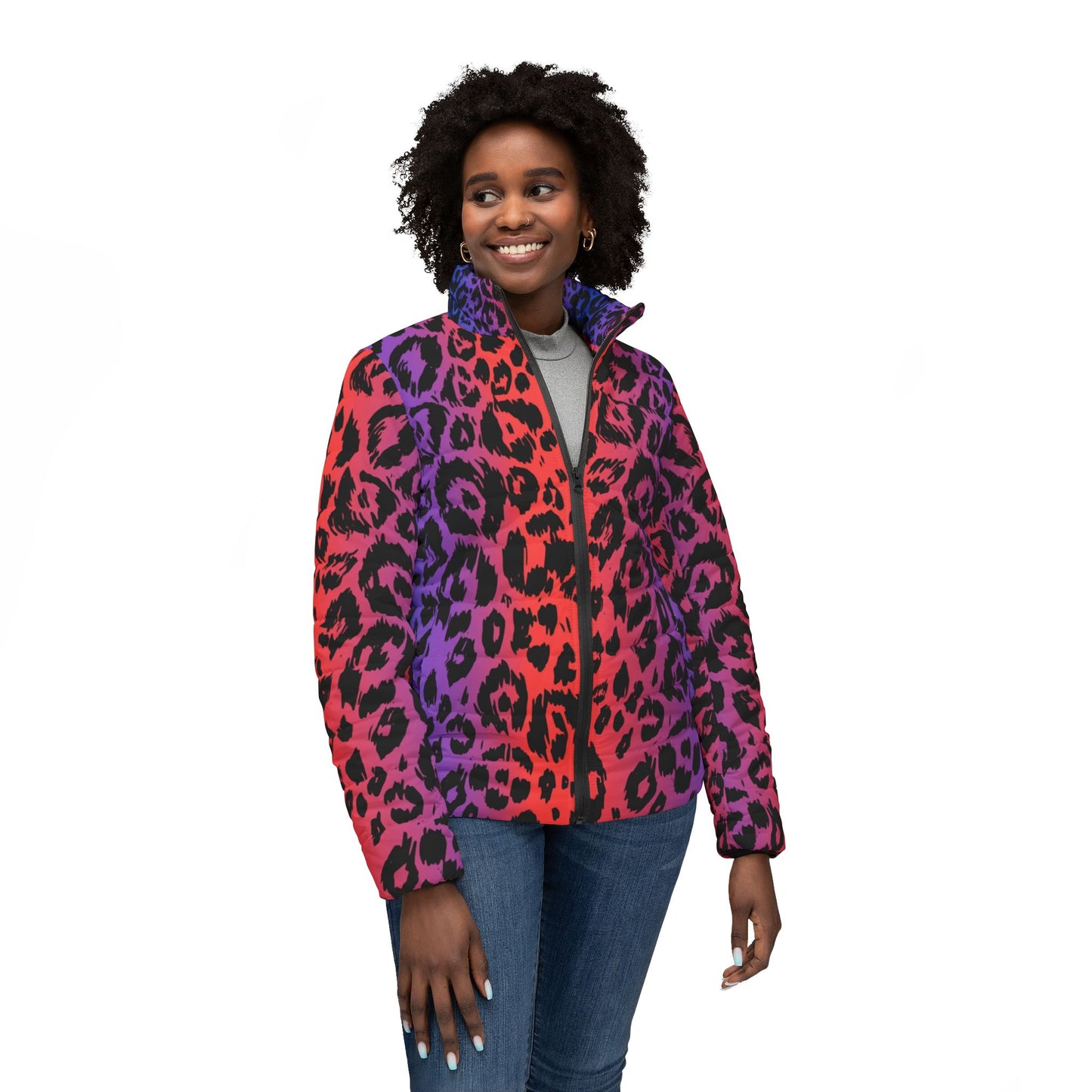 Vibrant Leopard Print Women's Puffer Jacket, Trendy Winter Coat, Stylish Outerwear, Unique Fashion Statement, Perfect for Fall & Winter
