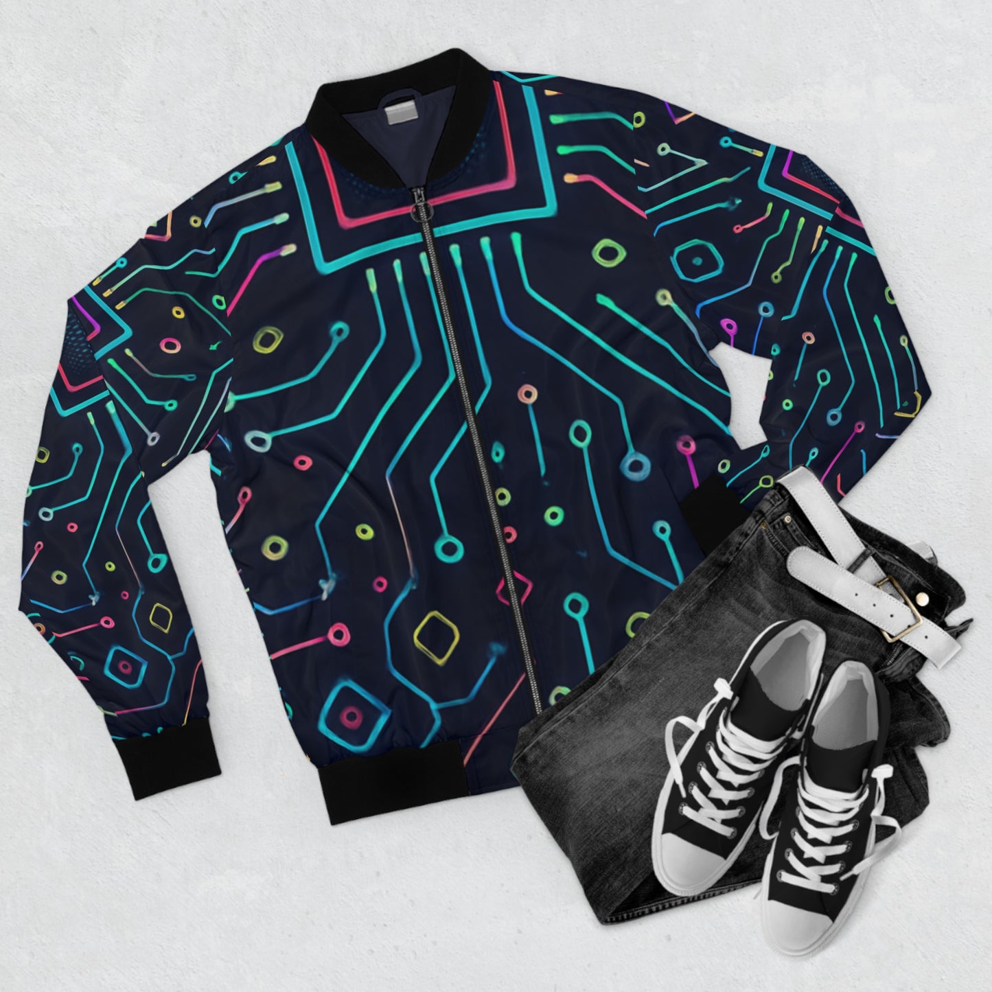 Men's Bomber Jacket - Neon Circuit Design, Tech-Inspired Streetwear for Him