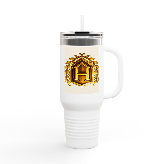 Insulated Travel Mug, 40oz - Golden Emblem Design, Ideal for Gamers, Personalized Gift for Holidays, Work and Adventure