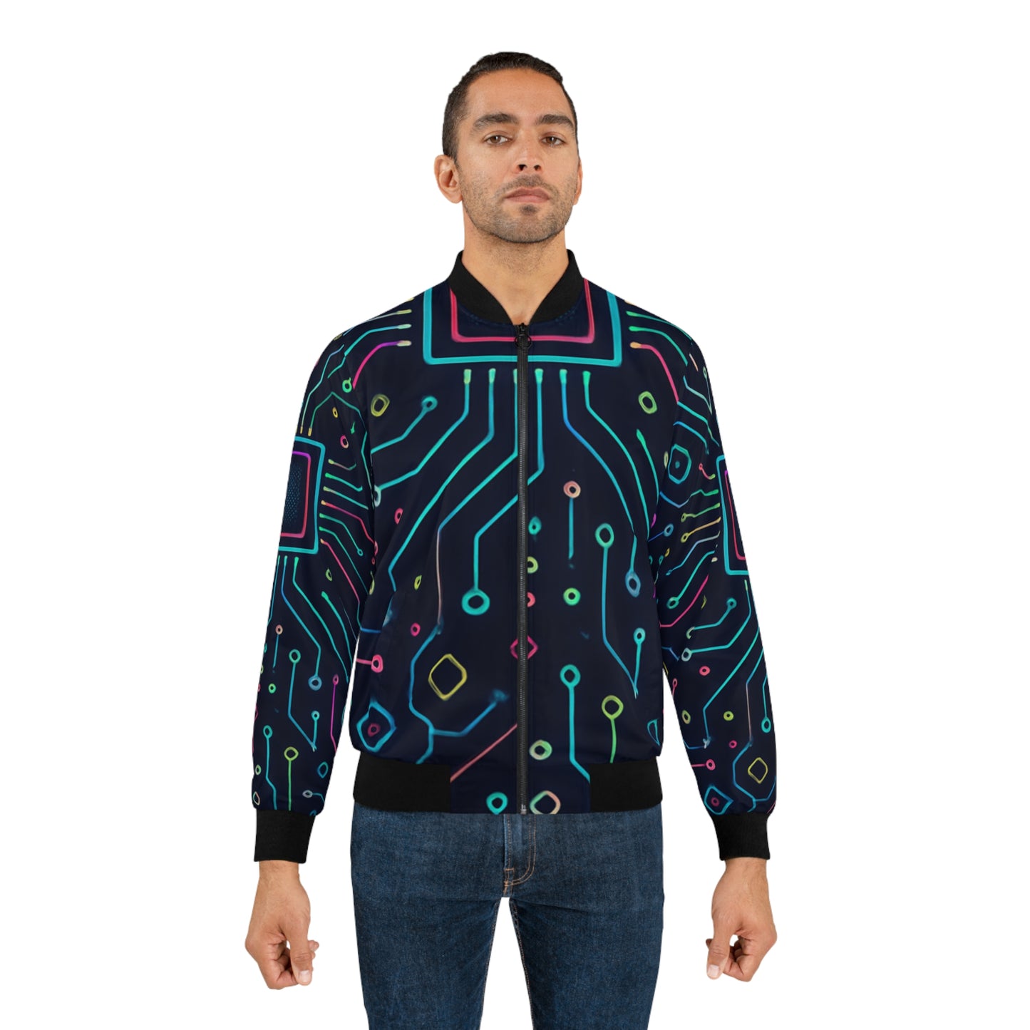 Men's Bomber Jacket - Neon Circuit Design, Tech-Inspired Streetwear for Him